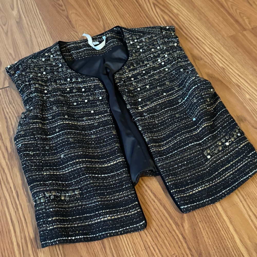 Vintage Bellatrix Black Silver‎ Studded Sequin Embellished Women's Vest Size M